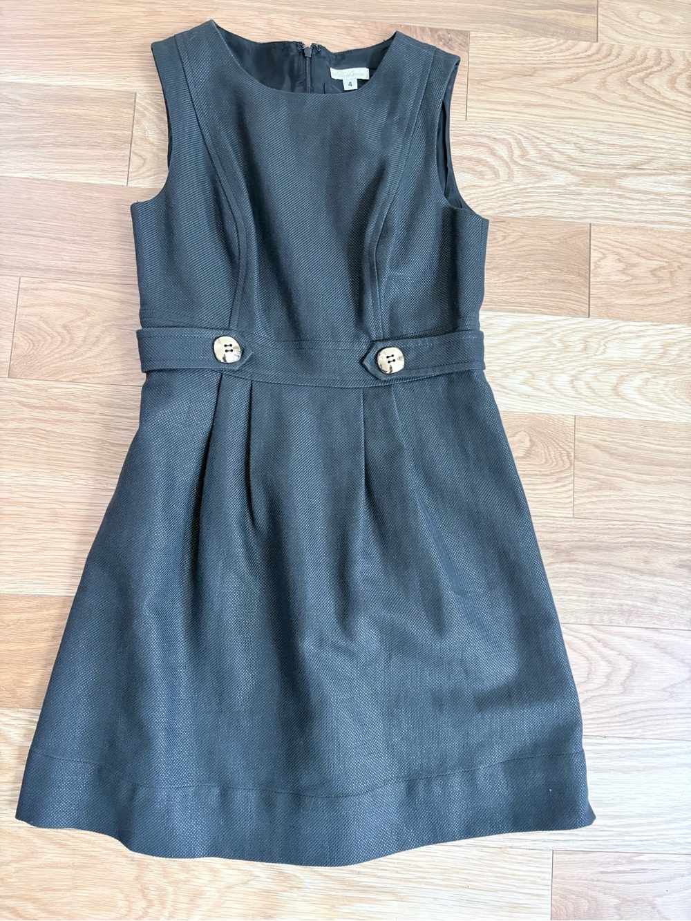 Shoshanna Slate Blue Textured A-Line Mini Dress Belted Gold Button Detail Size 4